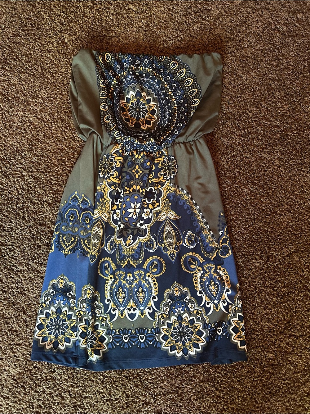 Strapless Olive and Navy Paisley Sundress